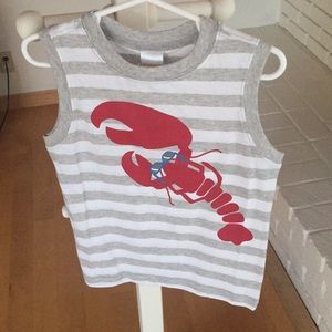 Sleeveless tee shirt with large red crab.